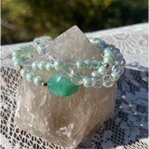 Three strand, Aventurine focal, Mint glass pearl bracelet & earrings set